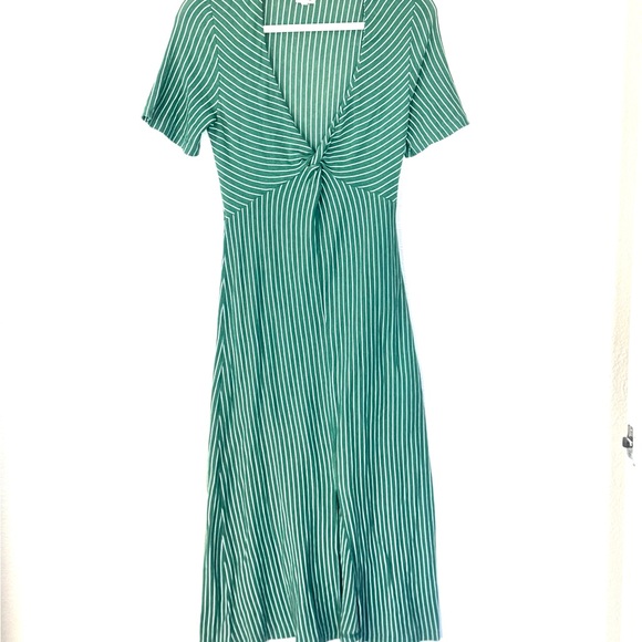 MP|C Mink Pink Hey Now Green Striped Midi Dress Twist Front M - Picture 3 of 12